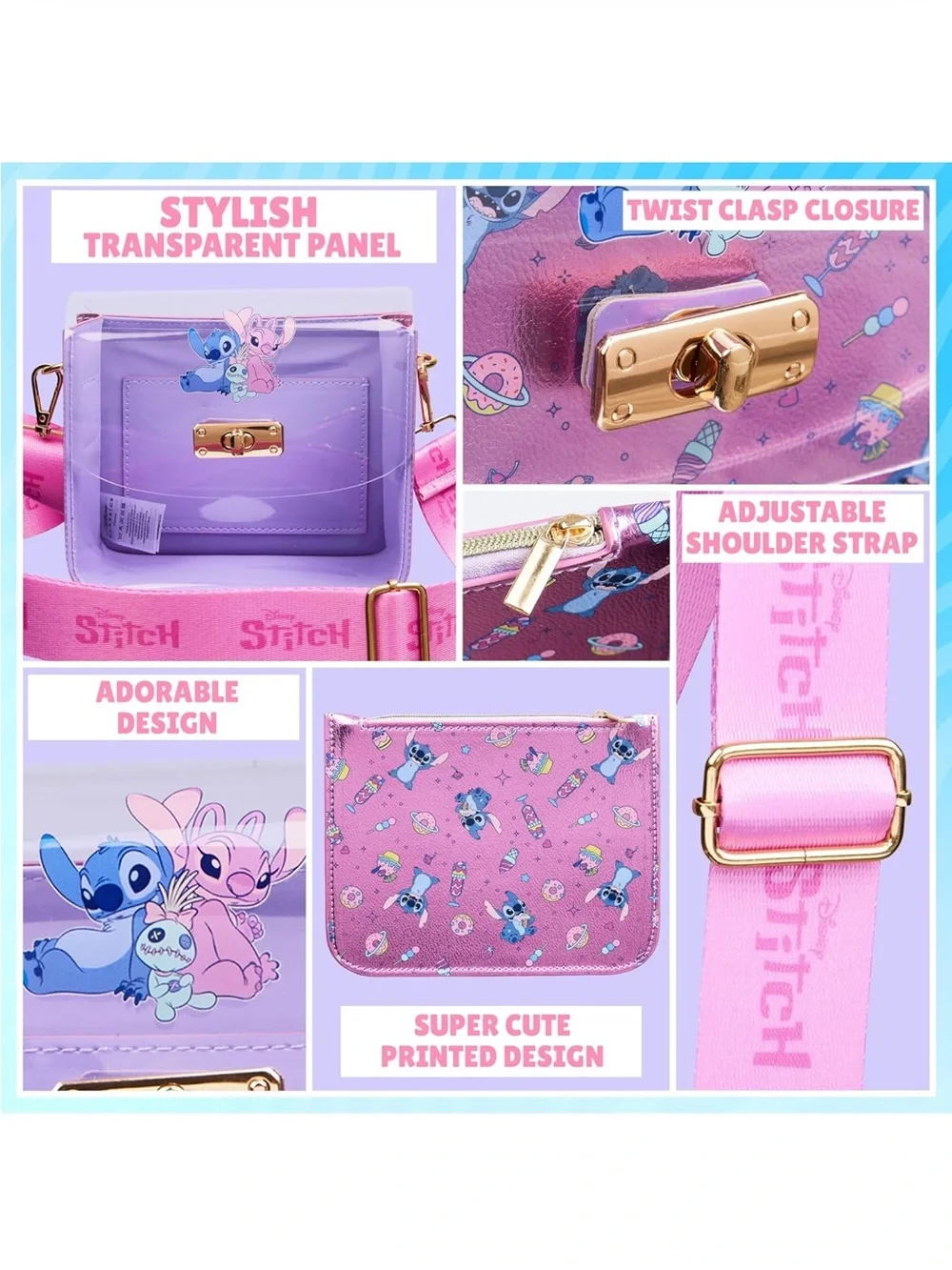 Stitch Clear Pink Crossbody Bag with Wide Strap